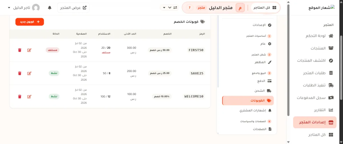 جدول الكوبونات في لوحة التحكم، وفيه ثلاثة كوبونات مع أعمدة الرمز والاستخدام والصلاحية والحالة، والسطر الأول حالته مستنفد والسطران الآخران نشط.