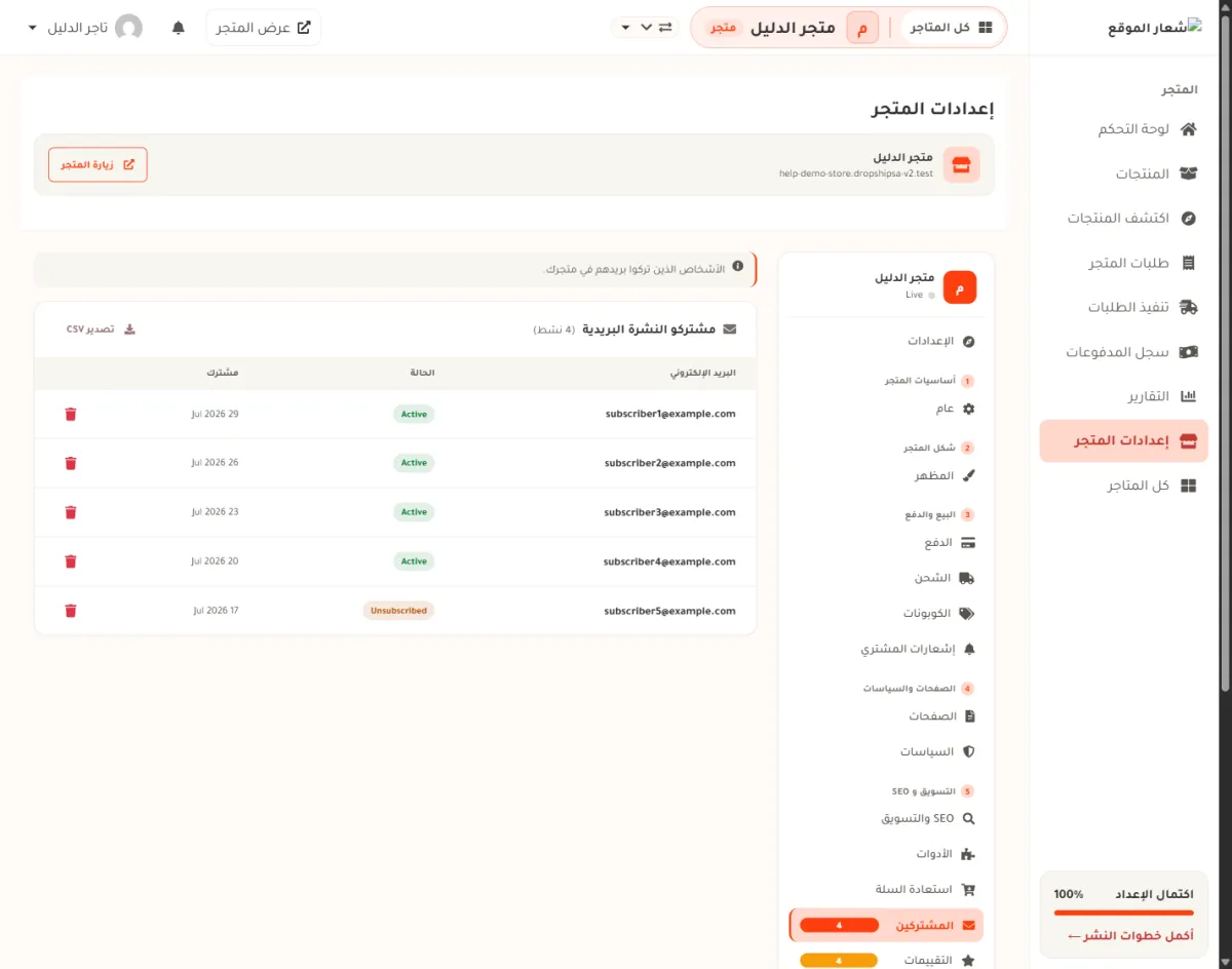 شاشة المشتركين في لوحة التحكم، وفيها عنوان مشتركو النشرة البريدية مع عدد أربعة نشط، وزر تصدير CSV، وجدول فيه خمسة عناوين بريد تجريبية على example.com مع أعمدة الحالة والتاريخ.