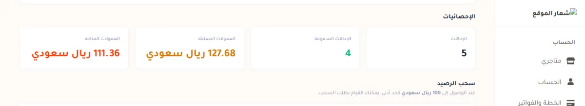 بطاقات الإحصائيات الأربع في صفحة الإحالات: الإحالات 5، والإحالات المدفوعة 4، والعمولات المعلقة 127.68 ريال سعودي، والعمولات المتاحة 111.36 ريال سعودي.