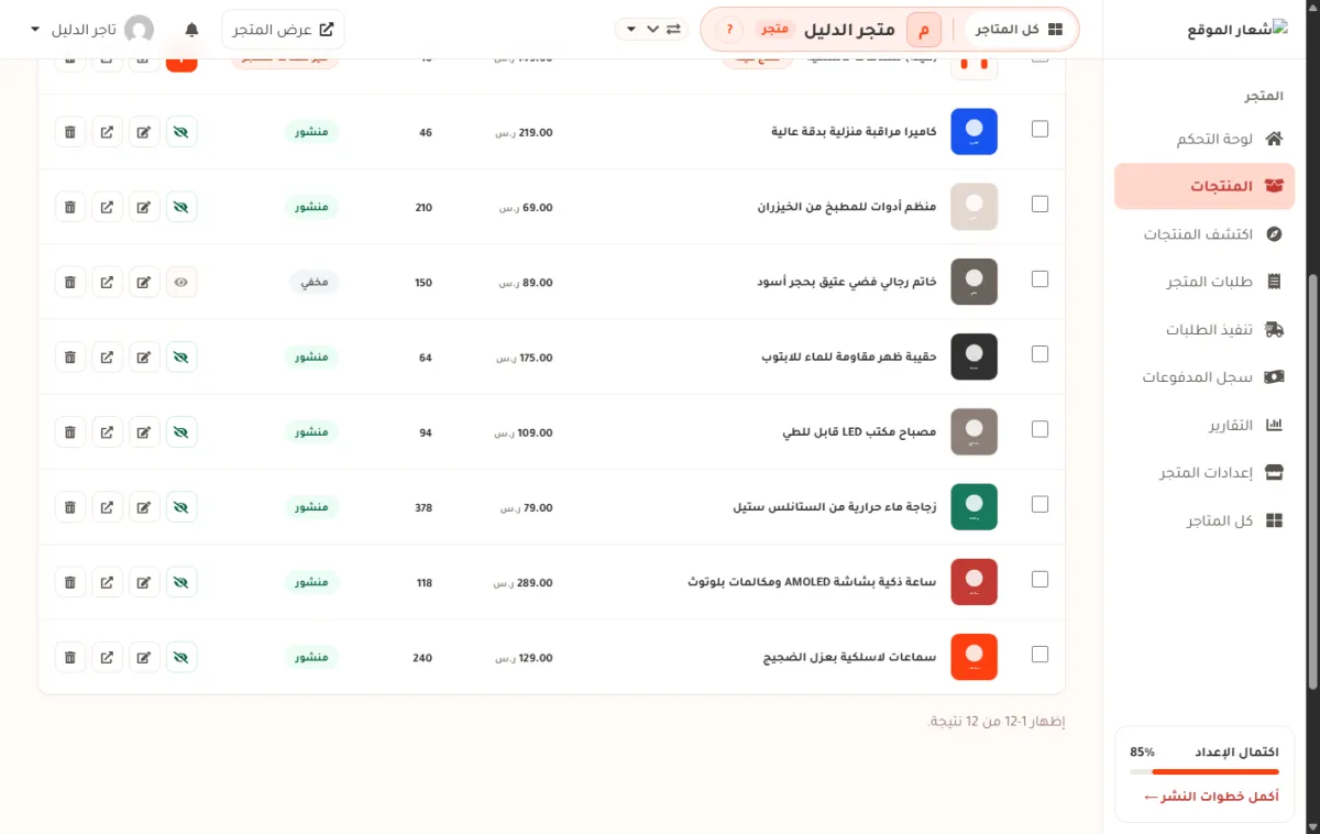 قائمة منتجات متجر الدليل، وفيها سطر بحالة منشور وأيقونة عين مشطوبة، وسطر بحالة مخفي وأيقونة عين عادية.