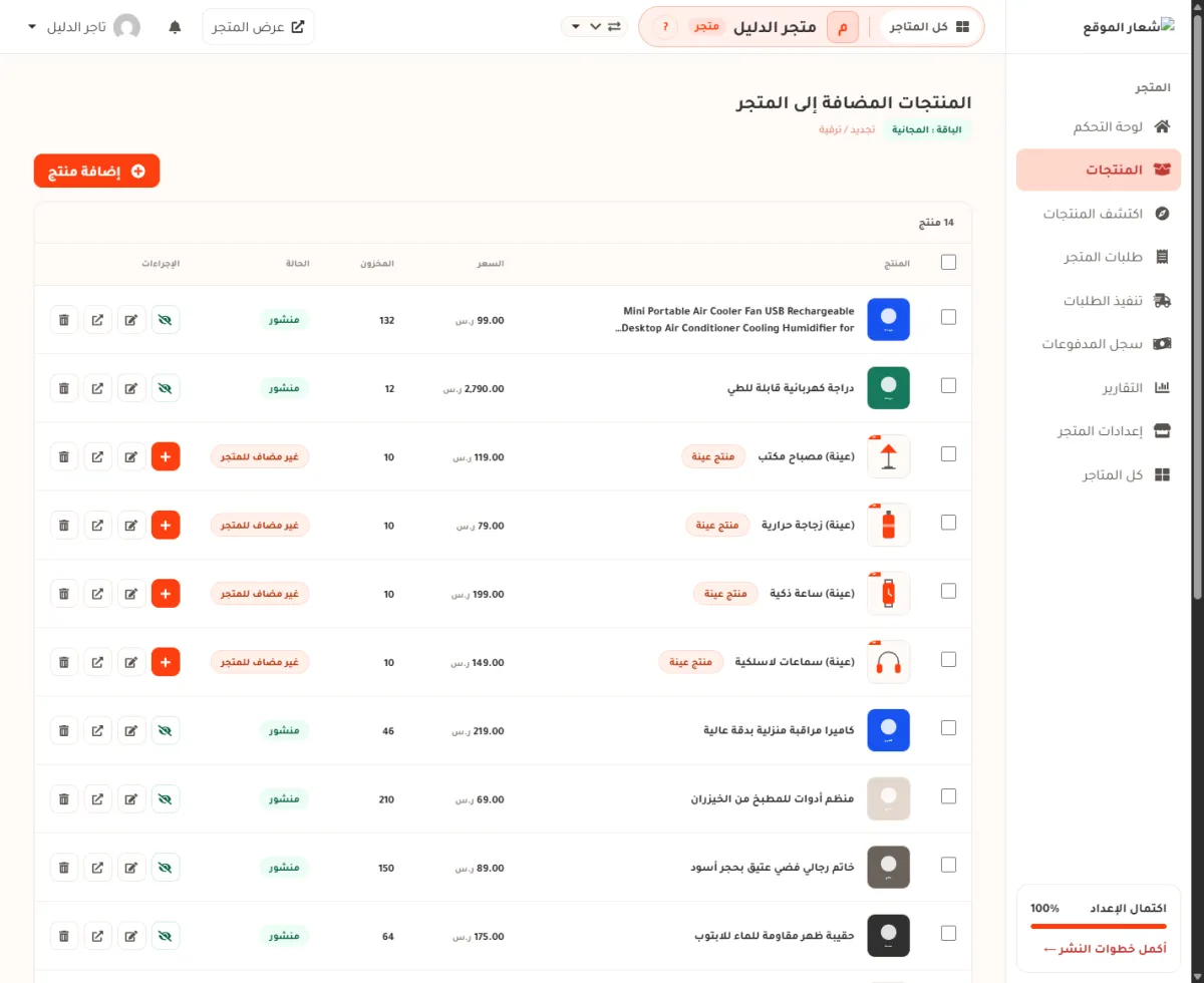 جدول المنتجات في لوحة التحكم، ويظهر فيه عمود الحالة بشارات منشور خضراء وشارات غير مضاف للمتجر برتقالية.