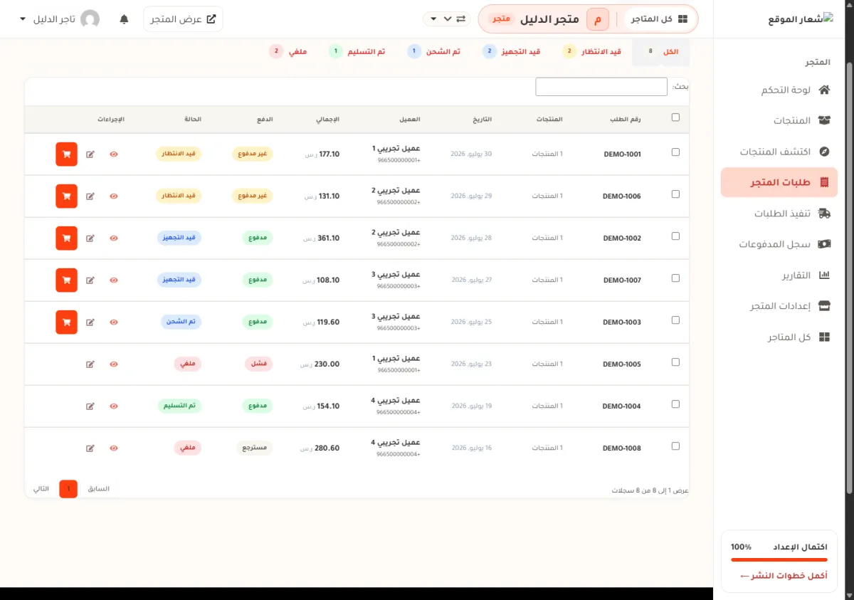 قائمة طلبات متجر الدليل، وفيها عمود الدفع بشارات غير مدفوع ومدفوع وفشل ومسترجع لطلبات عملاء تجريبيين وهميين.